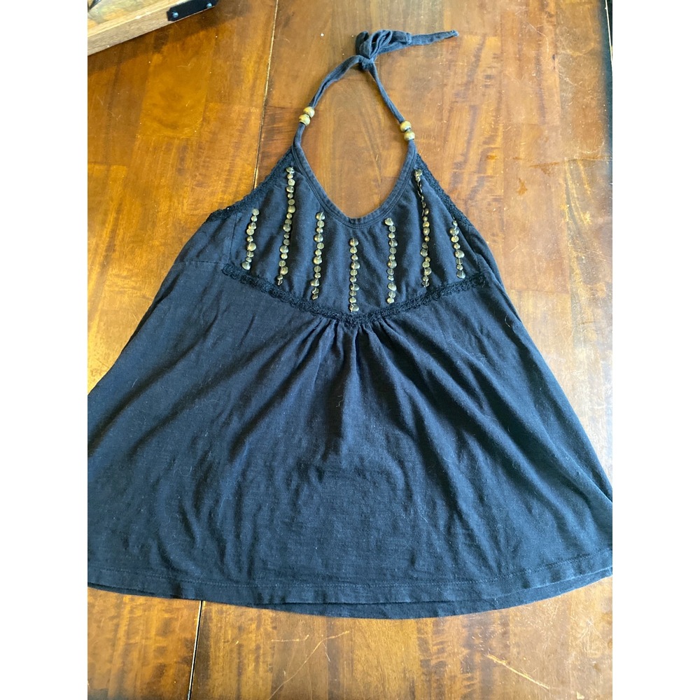 Decree Black Halter Top Metallic Disc Embellished Boho Sleeveless Blouse Large